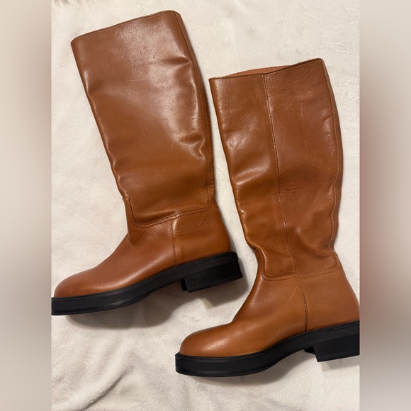 NEW MNG MANGO 100% Leather Knee High Riding Boot Brown Cognac  EU 37 US 7 - Picture 1 of 5